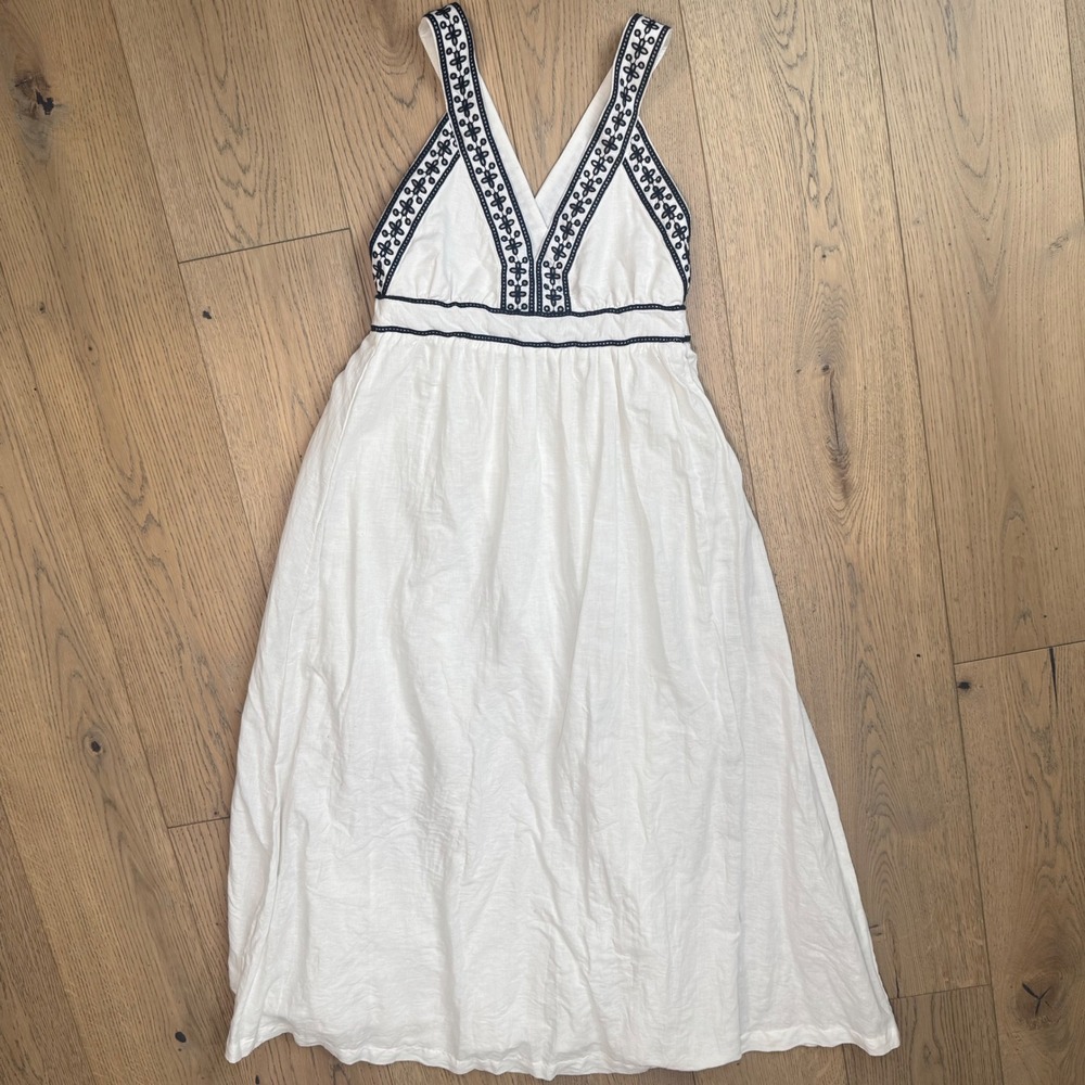 J. Crew Embroidered Cross-back White Linen Blend‎ V Neck Maxi Dress XS Beach